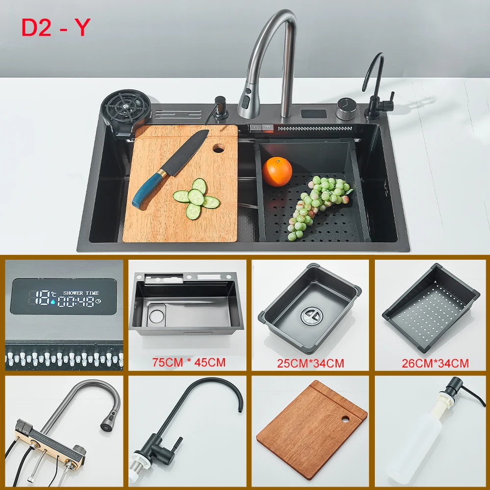 Multifunctional Kitchen Waterfall Sink – Large Single Basin, 304 Stainless Steel