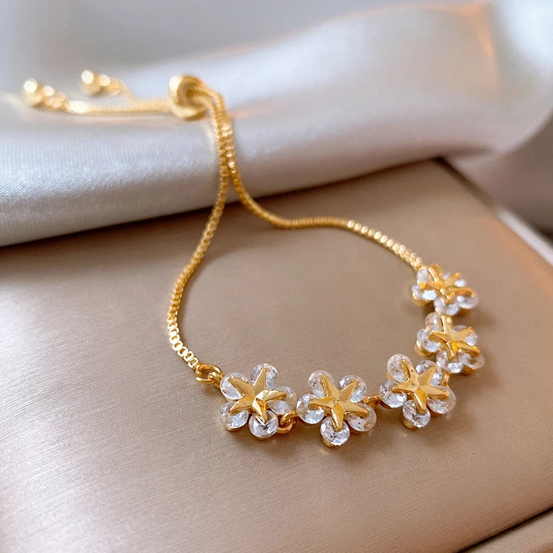 Rhinestone Charm Bracelet – Stars & Flowers, Gold Adjustable Bangle