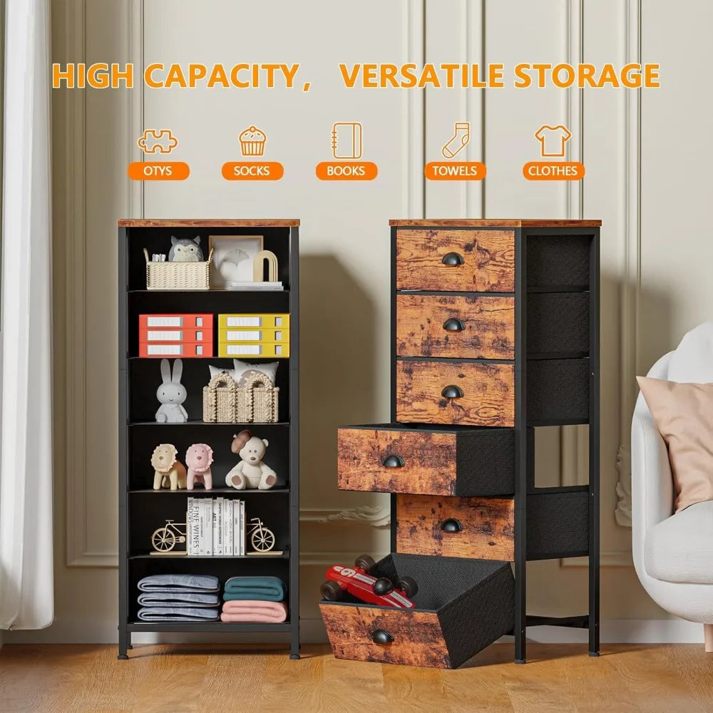 Industrial-style tall dresser with 6 drawers and fabric storage—ideal for bedrooms or dorm rooms