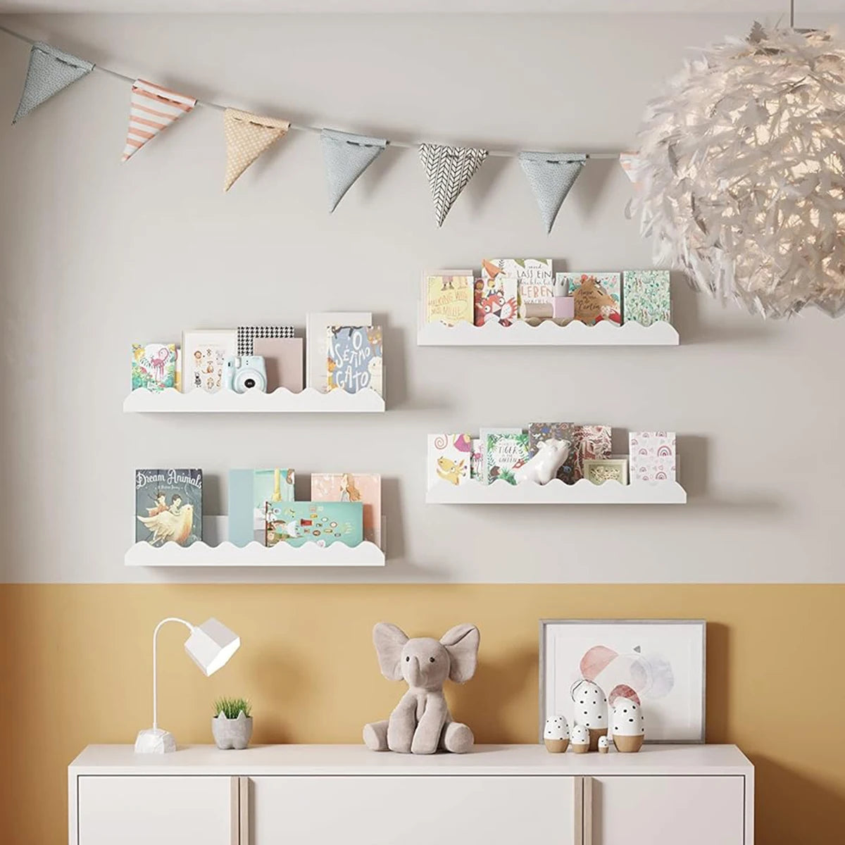 Boho Wall-Mounted Shelf, Wooden Floating Shelf for Kids' Room, Nursery Wall Decor, Scalloped Edge Display Shelf for Storage