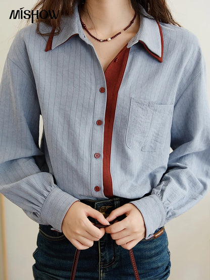 Blue-red contrasting color loose retro top