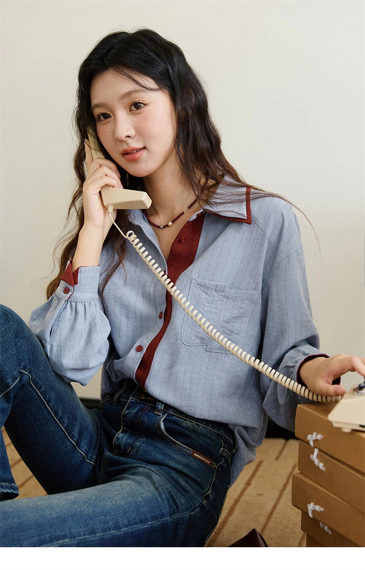 Blue-red contrasting color loose retro top