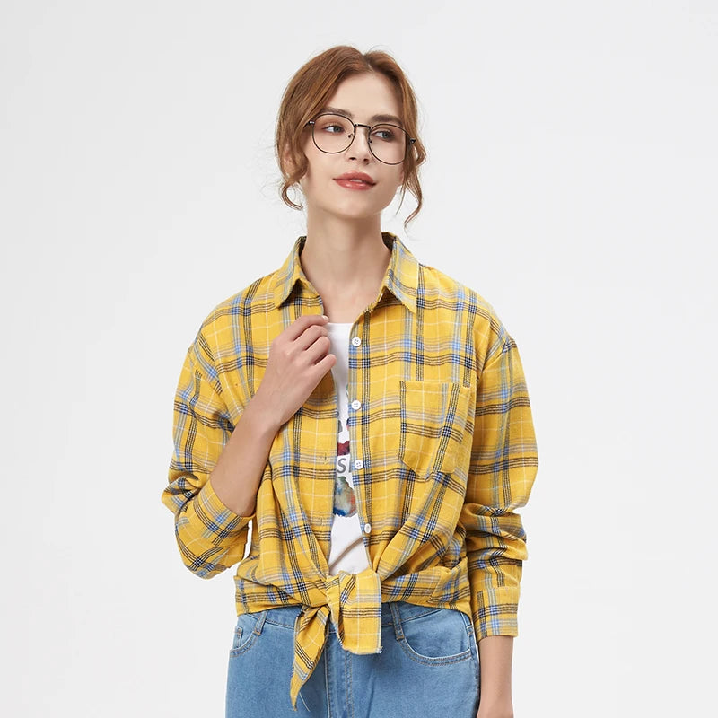 Women’s loose plaid shirt long-sleeve casual checked blouse