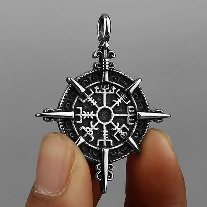 Men’s 316L stainless steel Viking rune compass necklace