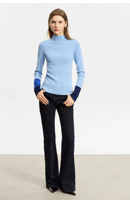 Slim-fit color-contrast pullover minimalist half-high collar sweater
