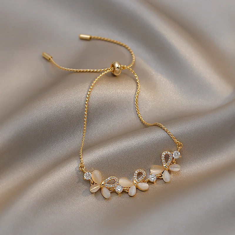 Rhinestone Charm Bracelet – Stars & Flowers, Gold Adjustable Bangle