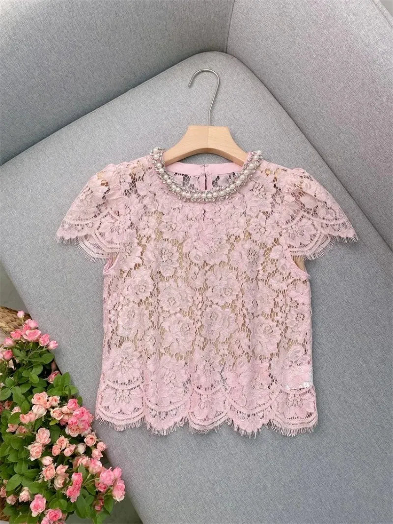 Flower lace hollow-out short sleeve top pearl-embellished
