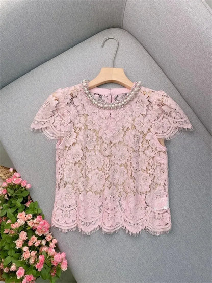Flower lace hollow-out short sleeve top pearl-embellished