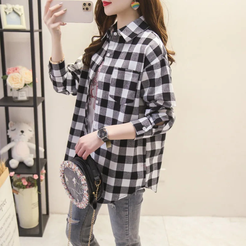 Women’s loose plaid shirt long-sleeve casual checked blouse