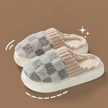 Fashion Couple Winter Slides – Warm Plaid Fluffy Slippers for Home