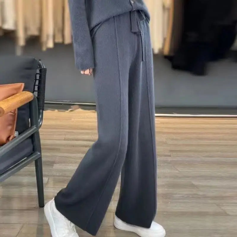 Women’s Merino Wool Knitted Wide Leg Pants – Autumn/Winter Casual Trousers