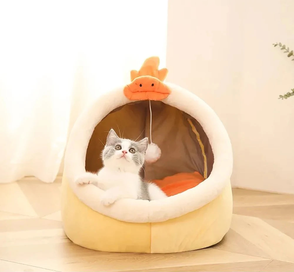 Cartoon-style cat bed—foldable, washable, and cozy for pets