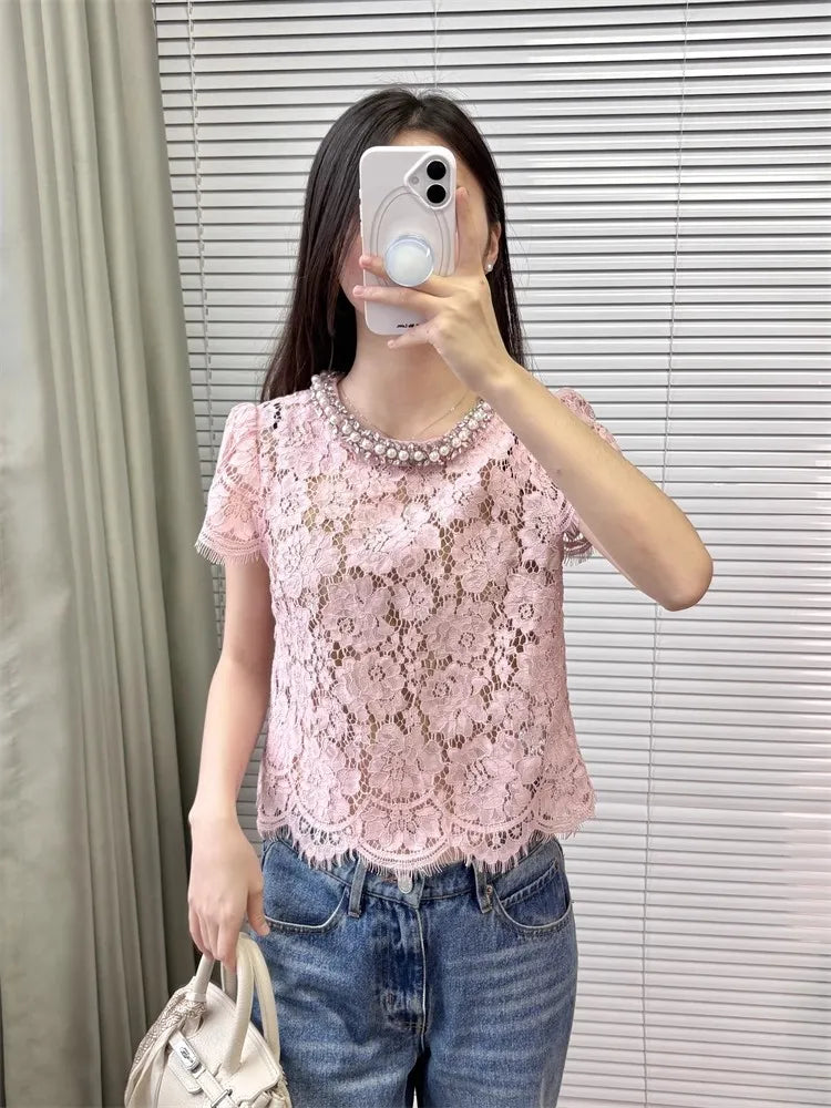 Flower lace hollow-out short sleeve top pearl-embellished