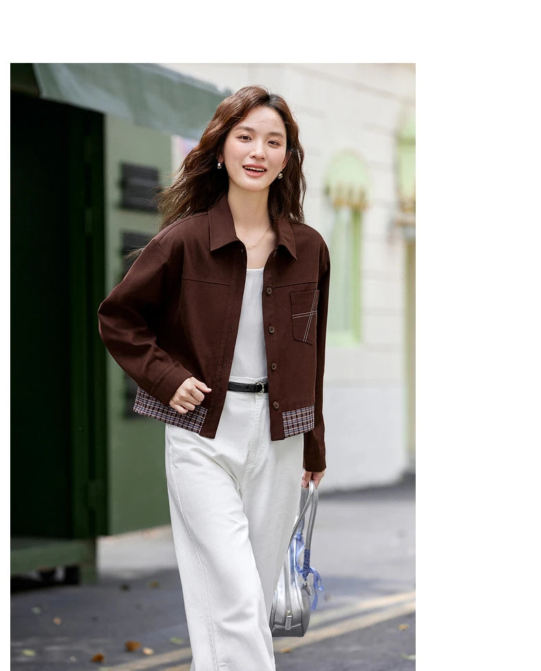 Turn-down collar long-sleeve outerwear for ladies