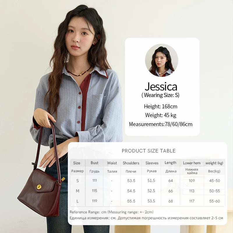 Blue-red contrasting color loose retro top