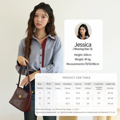 Blue-red contrasting color loose retro top