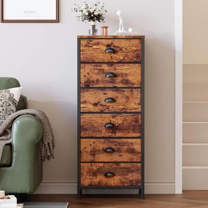 Industrial-style tall dresser with 6 drawers and fabric storage—ideal for bedrooms or dorm rooms