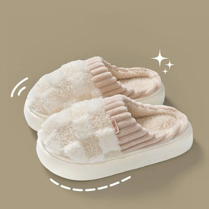 Fashion Couple Winter Slides – Warm Plaid Fluffy Slippers for Home