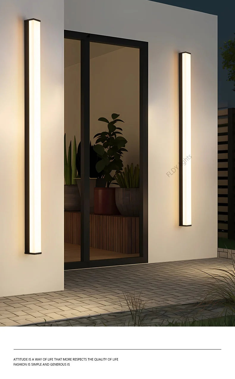 Weatherproof modern LED wall sconce for outdoor spaces, IP65, long-strip style