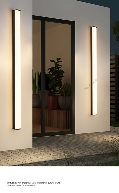 Weatherproof modern LED wall sconce for outdoor spaces, IP65, long-strip style
