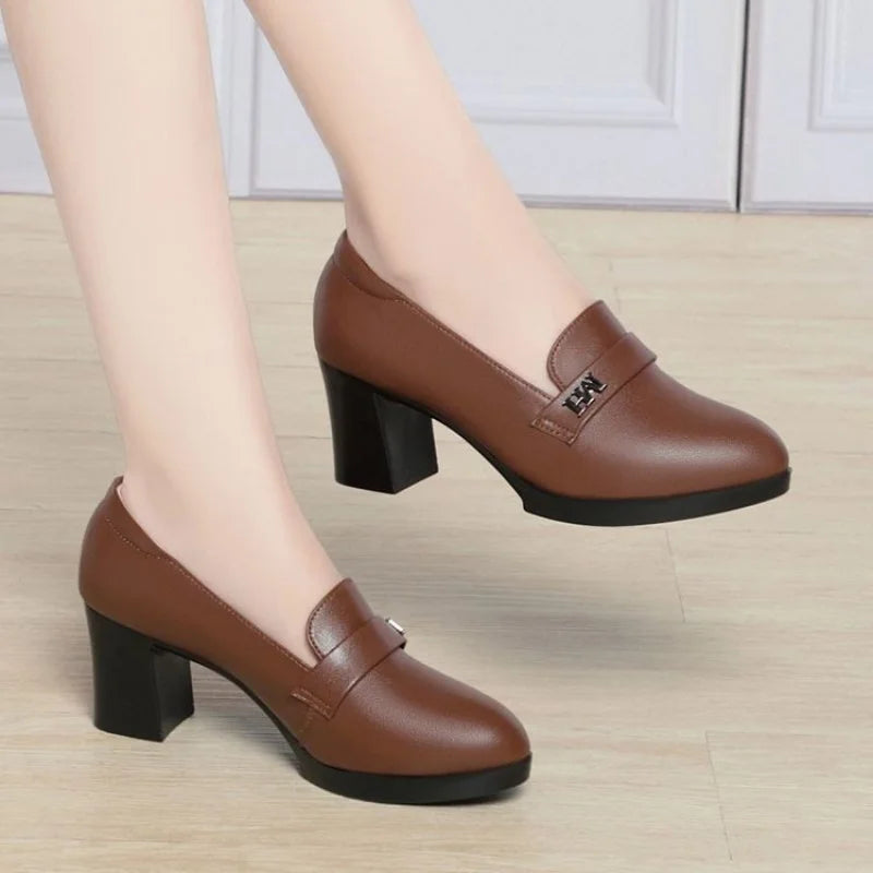 Women’s Soft Leather Loafers – Mid Block Heel, Comfortable Office Shoes