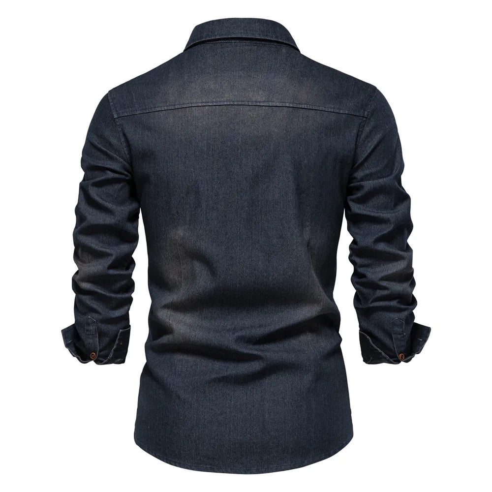 Men's casual solid - color long - sleeve denim shirt