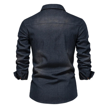 Men's casual solid - color long - sleeve denim shirt