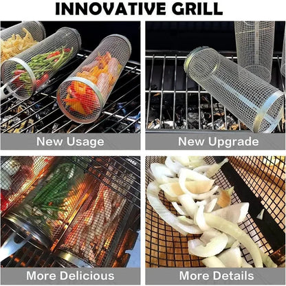Cylinder grilling cage for vegetables, meat, and seafood on the barbecue