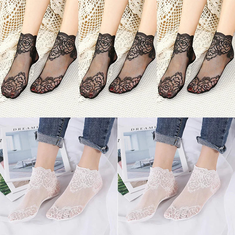 5 Pairs Women’s Lace Invisible Socks – Thin Non-Slip Boat Socks