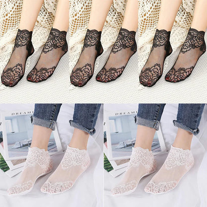 5 Pairs Women’s Lace Invisible Socks – Thin Non-Slip Boat Socks