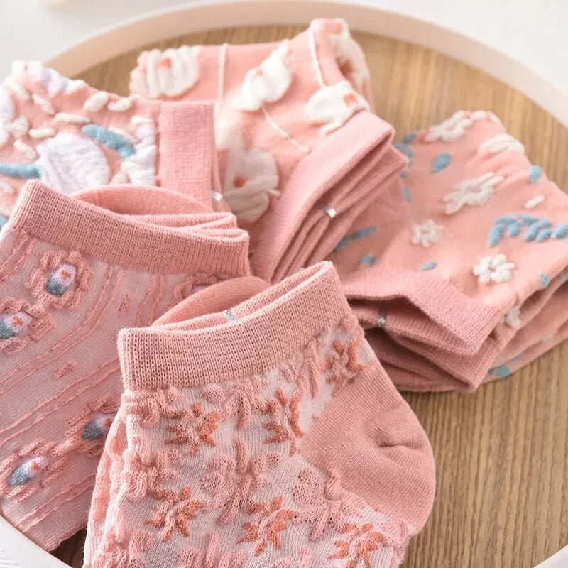 5 Pairs Kawaii 3D Flower Ankle Socks – Thin Low Cut