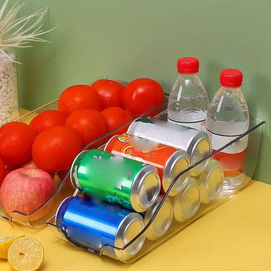 Stackable can organizer for kitchen or fridge; easy-access rolling design