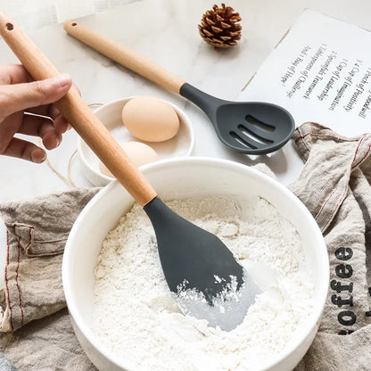 12-piece silicone kitchen utensil set with wooden handles—non-stick safe