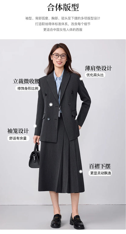 College-style blazer and pleated skirt outfit