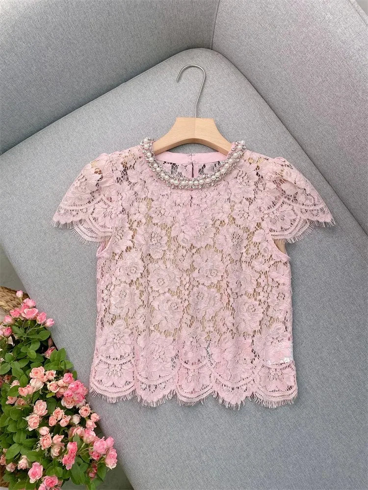 Flower lace hollow-out short sleeve top pearl-embellished