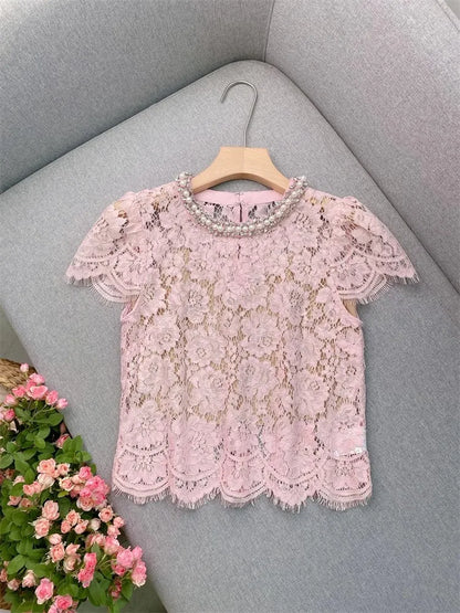 Flower lace hollow-out short sleeve top pearl-embellished
