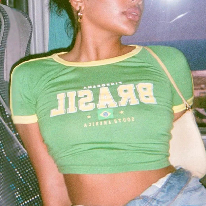 Fashionable retro Brazil print streetwear crop top