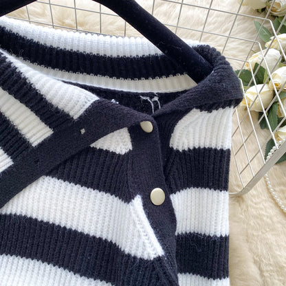 Chic stripe off-shoulder sweater with buttons