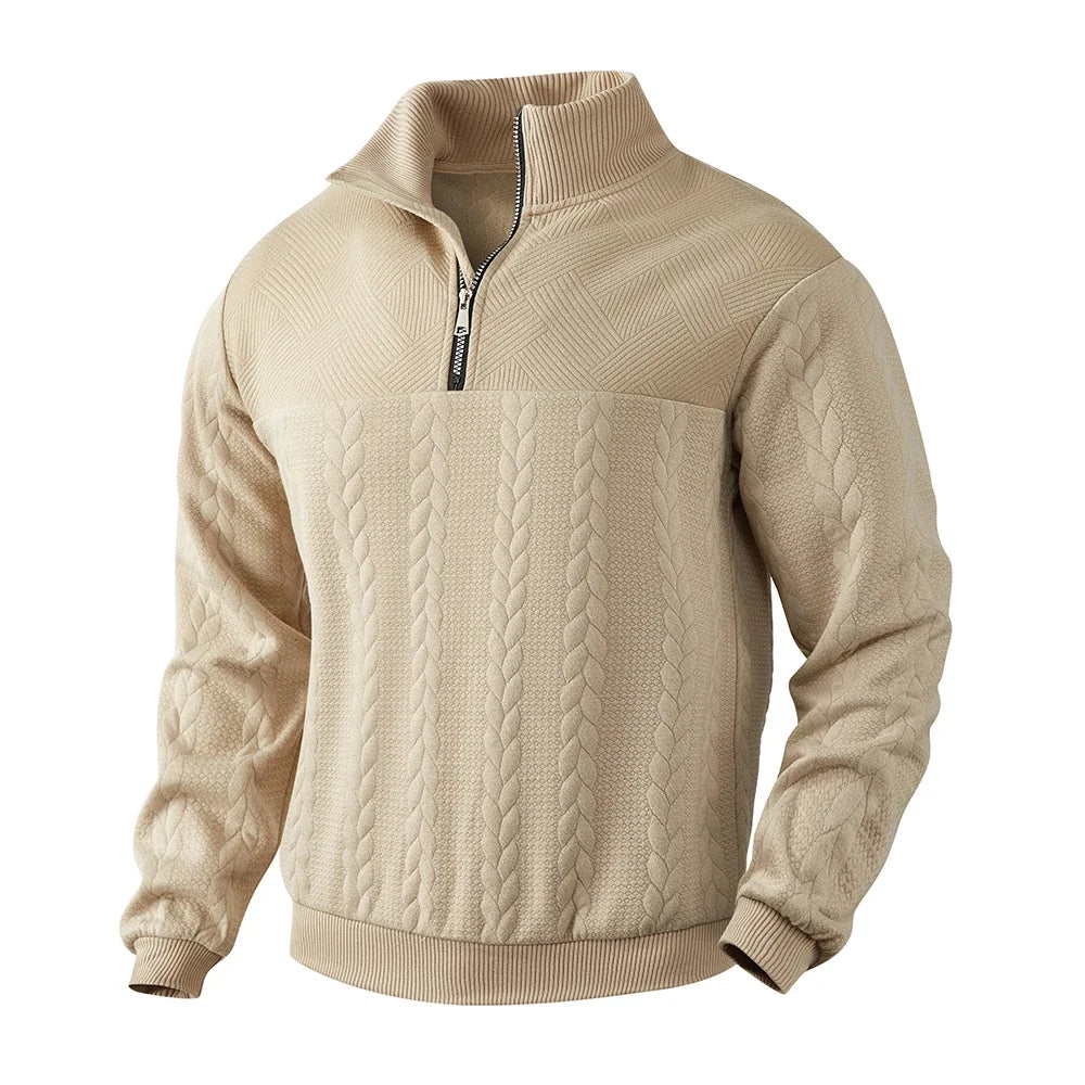 Cozy winter zip sweater with jacquard style — warm, sporty, and casual