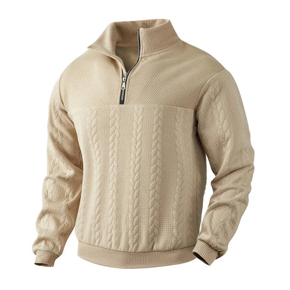 Cozy winter zip sweater with jacquard style — warm, sporty, and casual