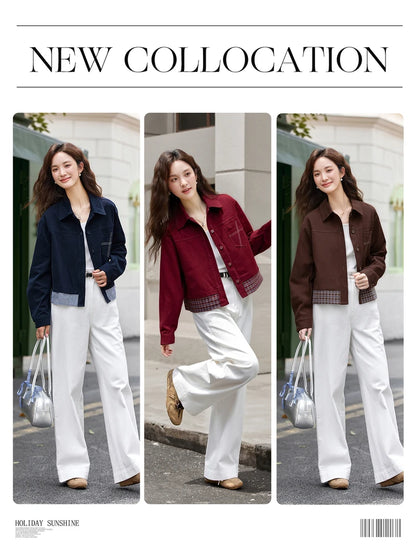 Turn-down collar long-sleeve outerwear for ladies