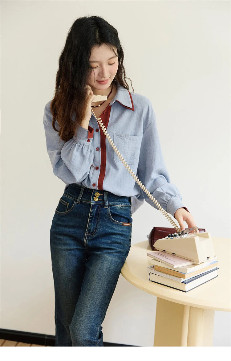 Blue-red contrasting color loose retro top