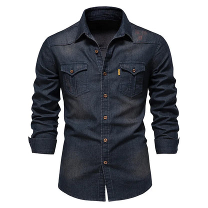 Men's casual solid - color long - sleeve denim shirt