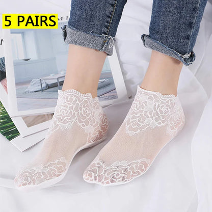 5 Pairs Women’s Lace Invisible Socks – Thin Non-Slip Boat Socks