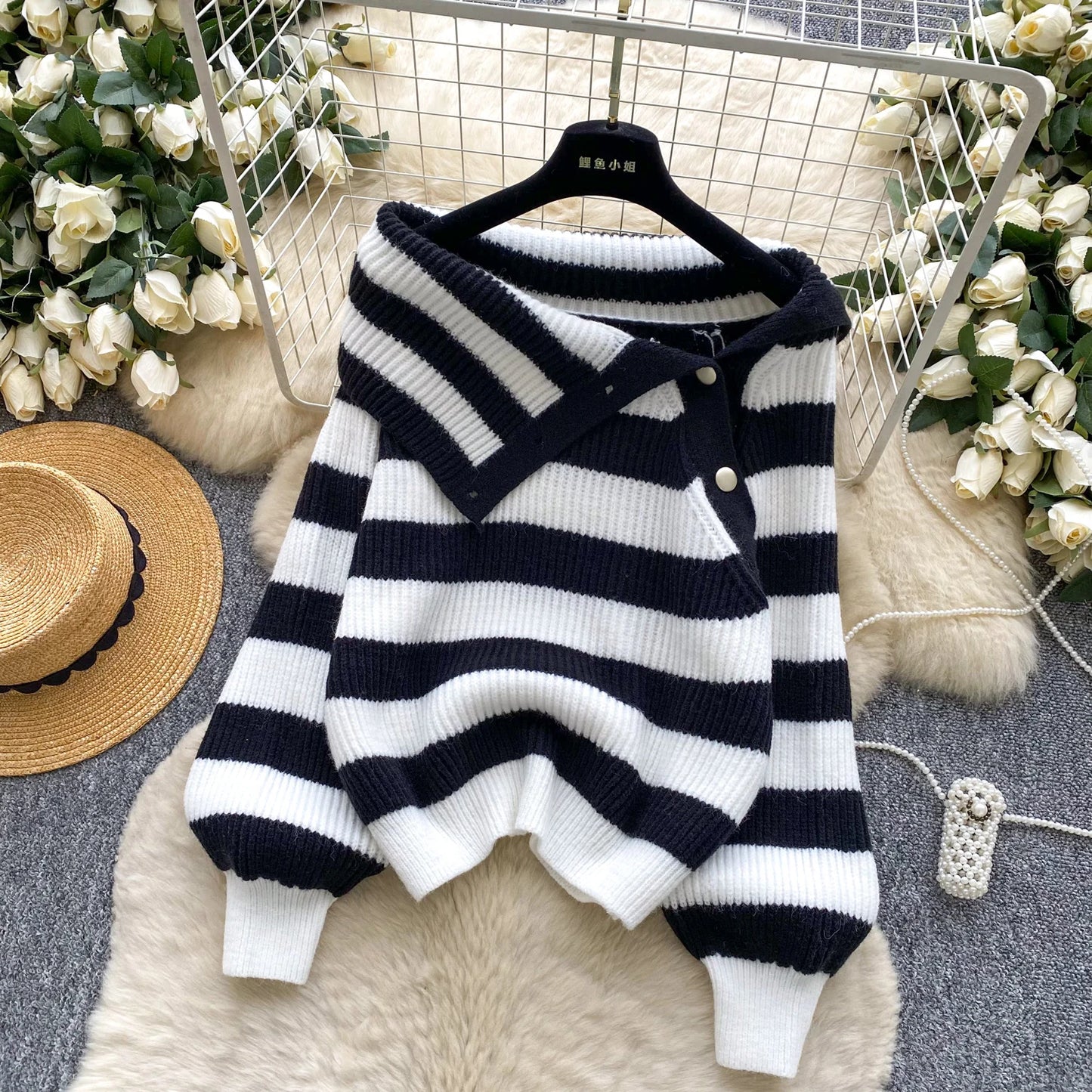 Chic stripe off-shoulder sweater with buttons