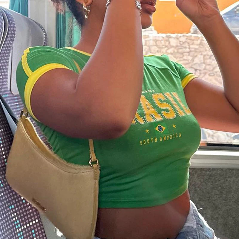Fashionable retro Brazil print streetwear crop top