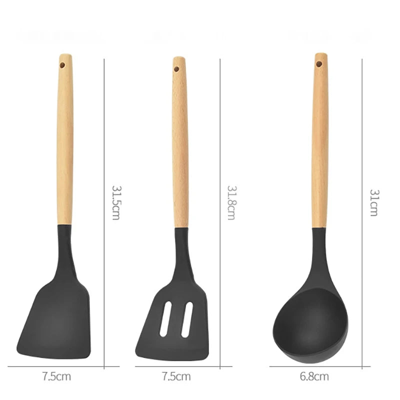 12-piece silicone kitchen utensil set with wooden handles—non-stick safe