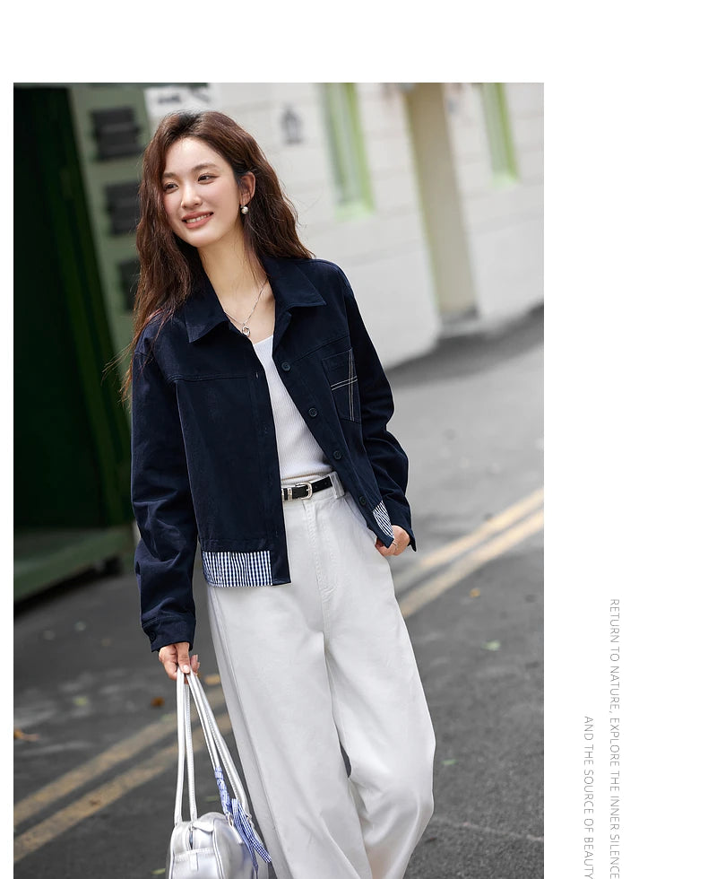 Turn-down collar long-sleeve outerwear for ladies