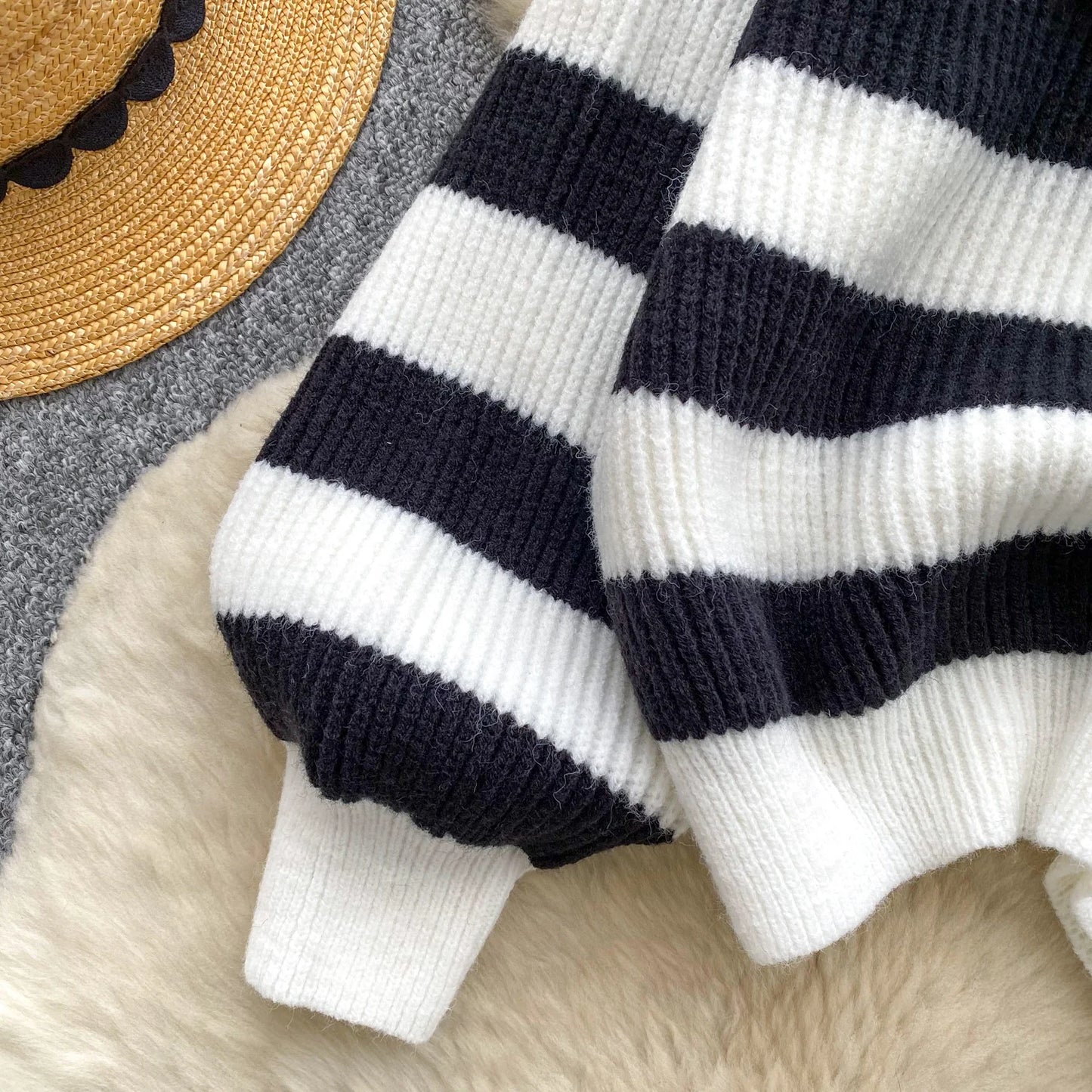 Chic stripe off-shoulder sweater with buttons