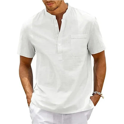 Men’s cotton-linen Henley shirt with pocket